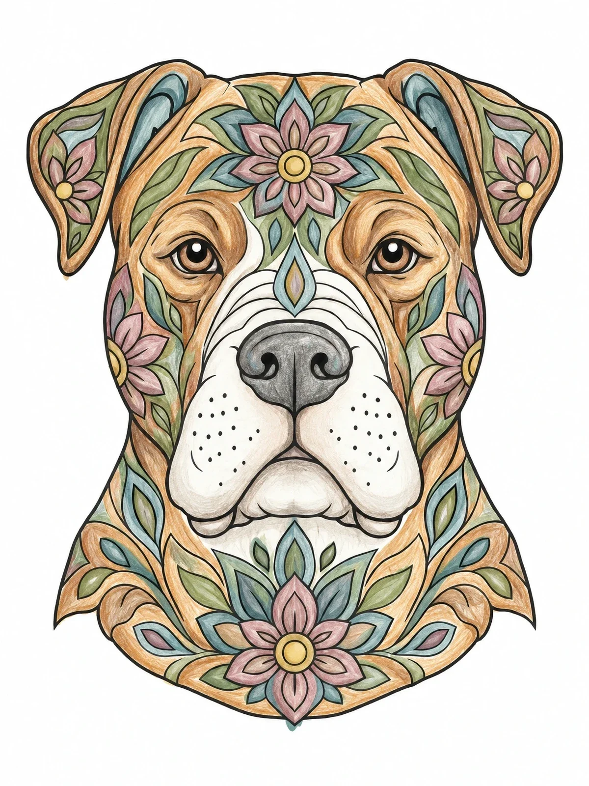 Colored example of the Mandala American Bulldog Portrait coloring page