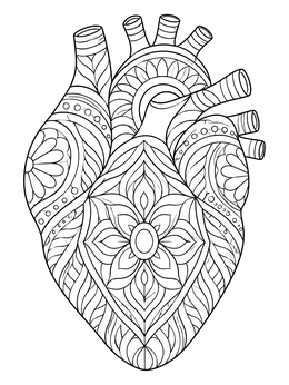 An ornate heart anatomy coloring page featuring intricate mandala patterns and floral details.