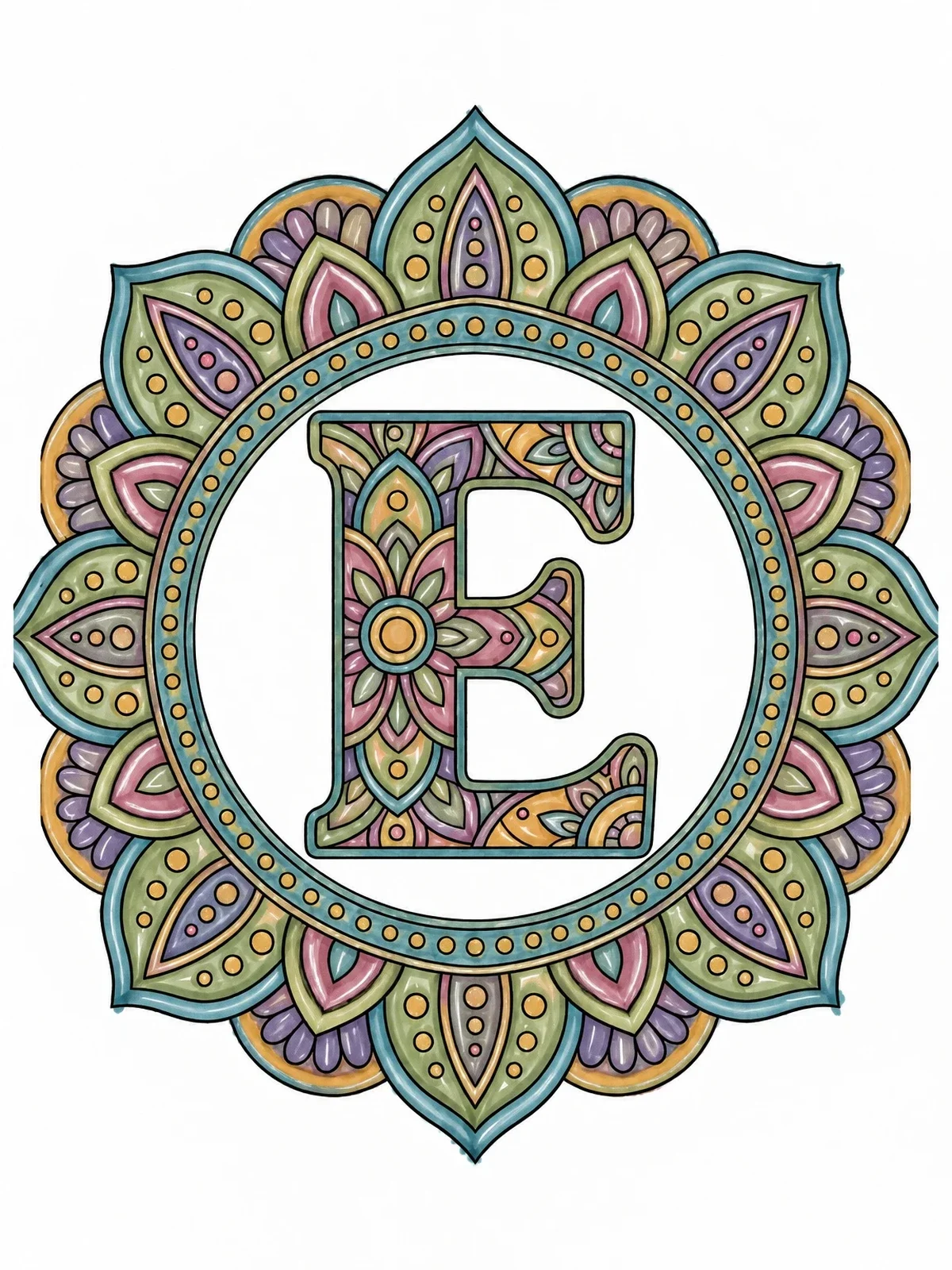 Colored example of the Intricate Mandala Capital Letter E coloring page