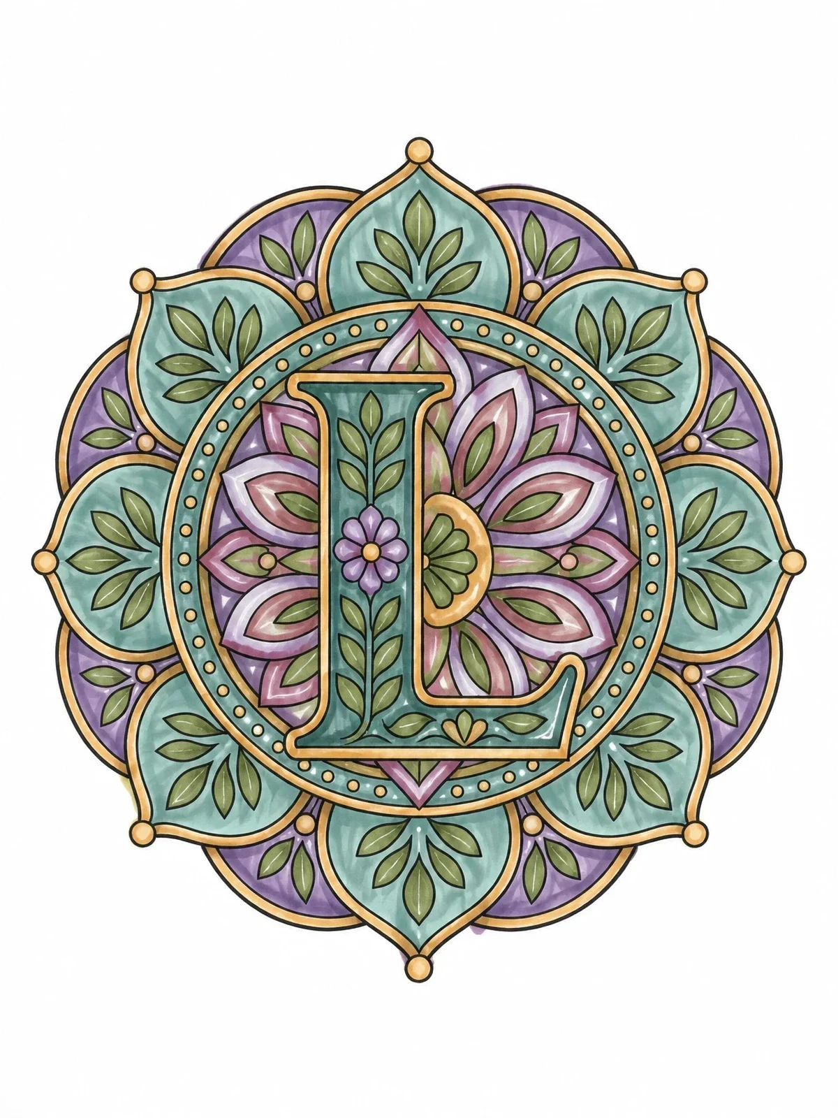 Colored example of the Mandala Capital Letter L coloring page