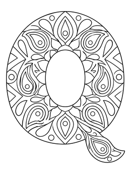 Intricate letter Q coloring page decorated with paisley and mandala patterns for adults.