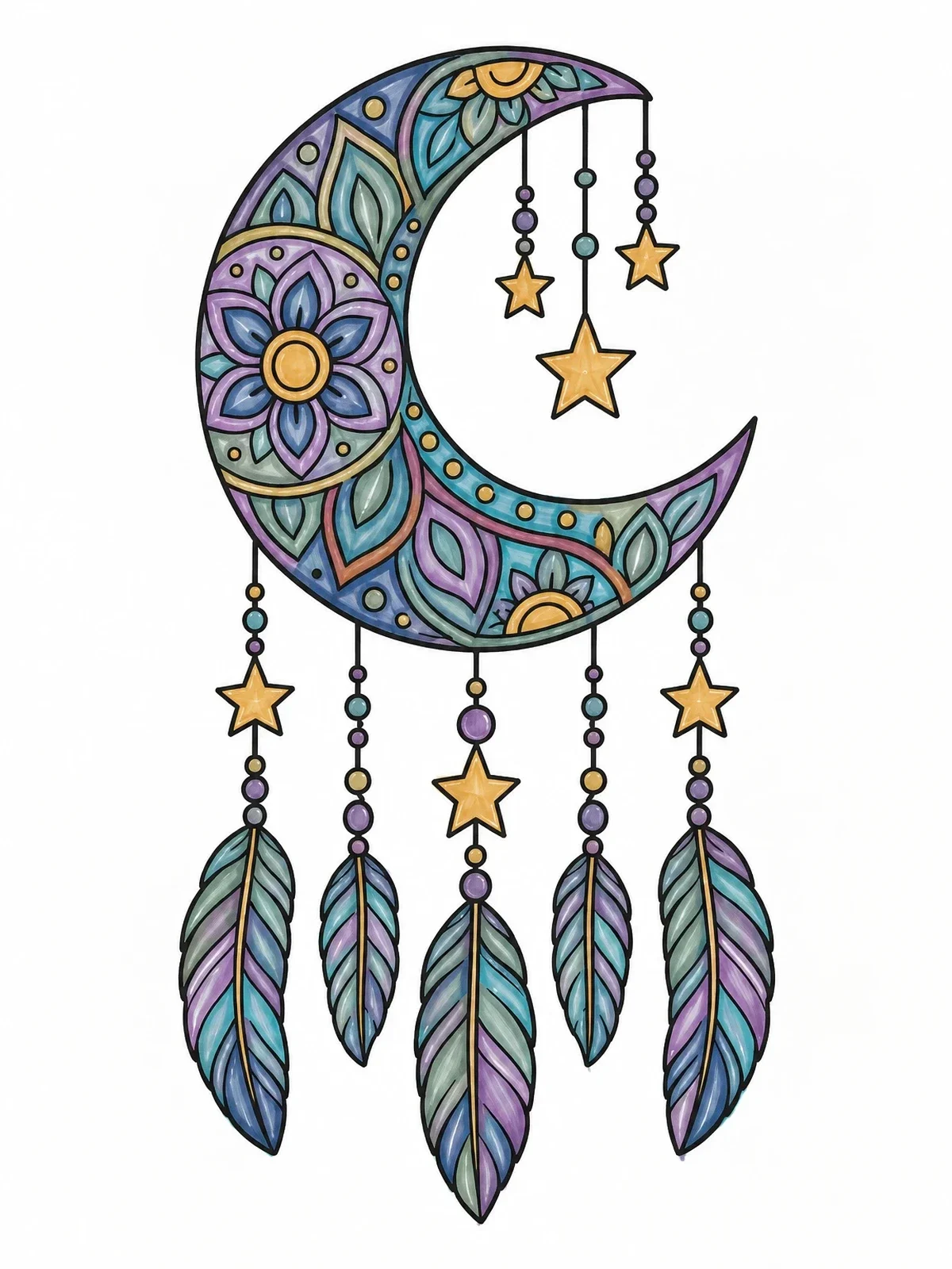 Colored example of the Mandala Crescent Moon Dreamcatcher coloring page