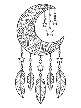 An ornate moon night coloring page featuring a patterned crescent moon with stars and feathers.
