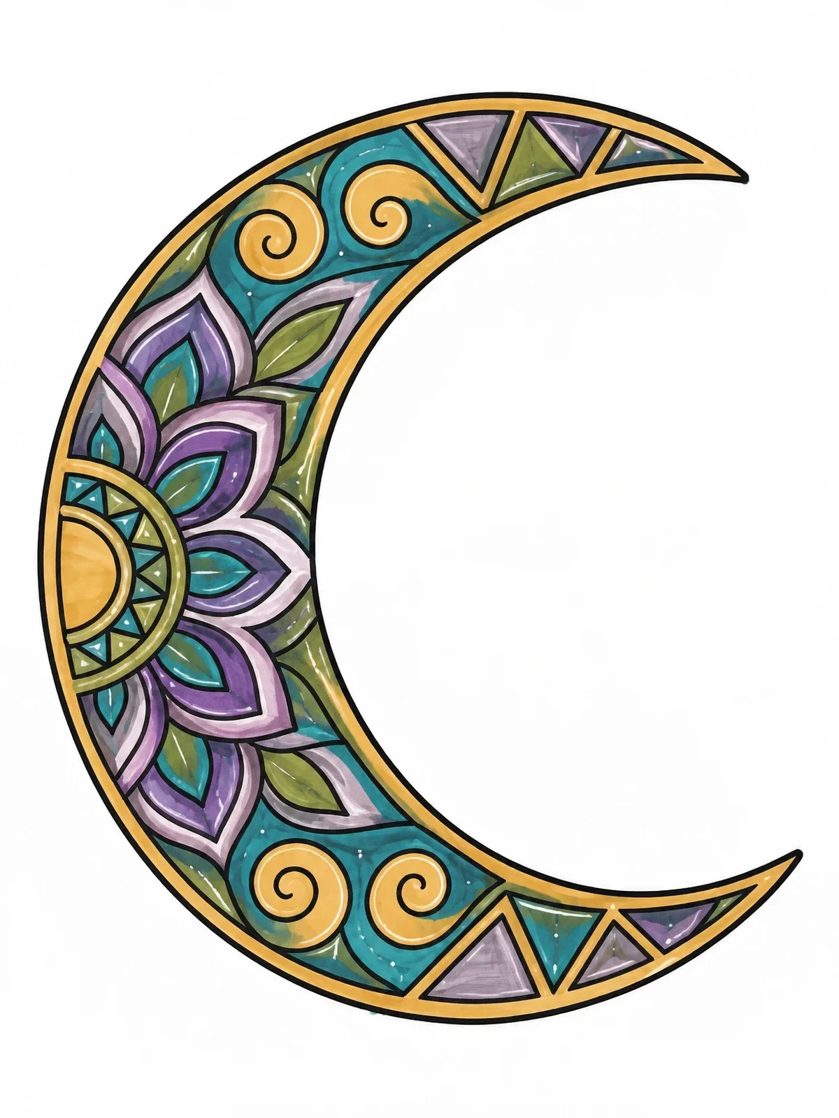 Colored example of the Mandala Crescent Moon Line Art coloring page