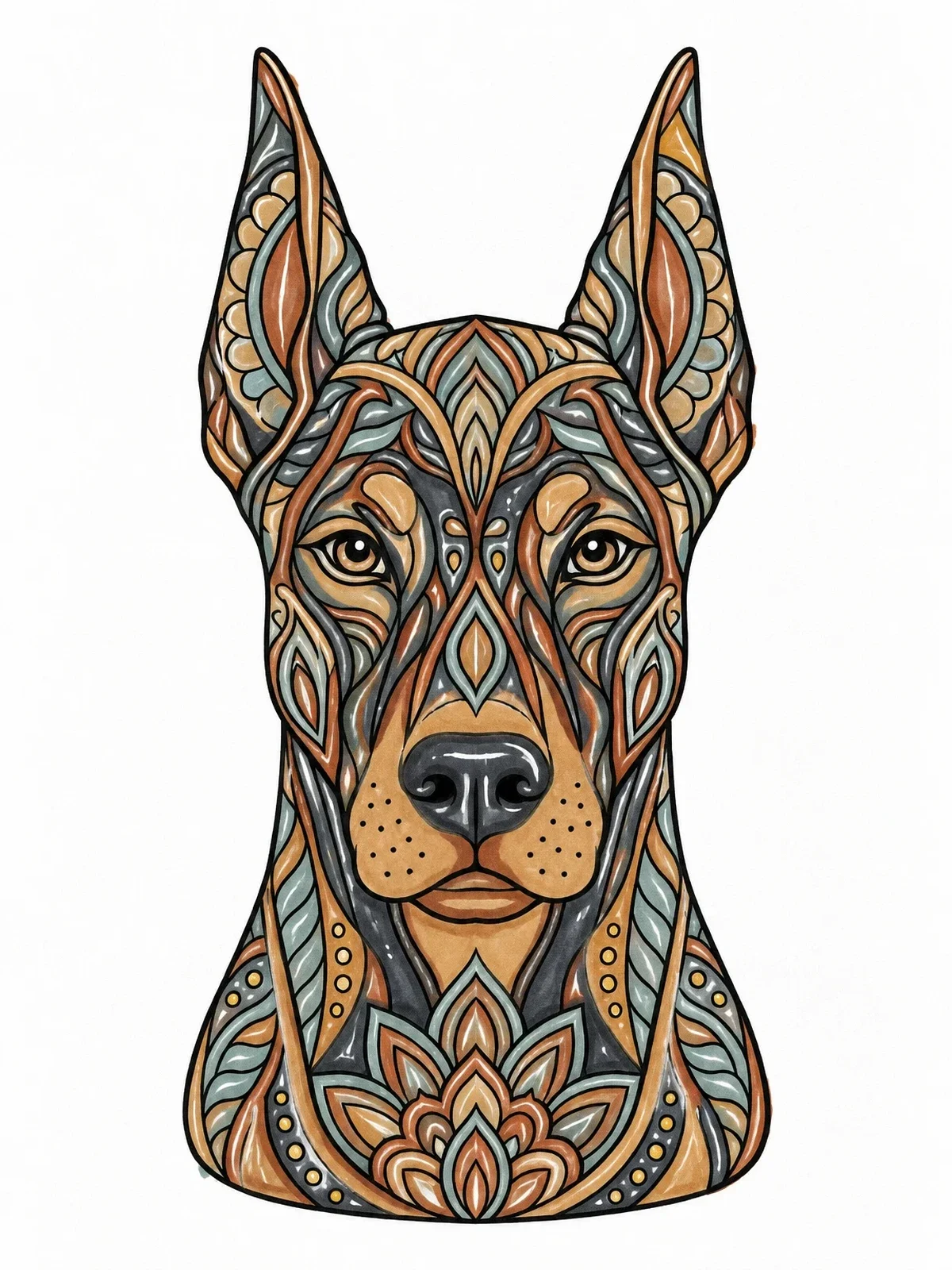 Colored example of the Intricate Mandala Doberman Head coloring page