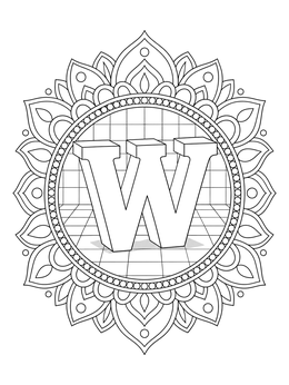 Detailed mandala design framing a 3D letter w coloring page on a grid background.