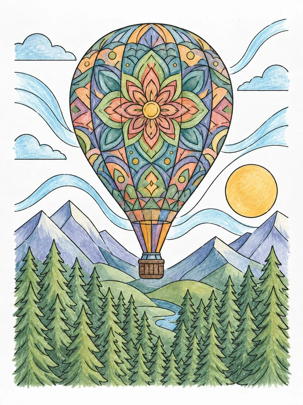Colored example of the Mandala Hot Air Balloon Over Forest coloring page