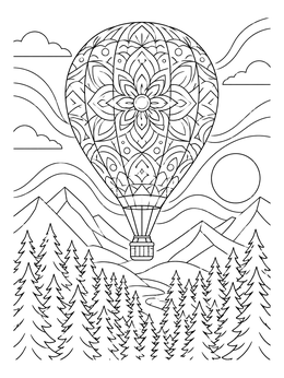 An ornate hot air balloons coloring page showing a mandala balloon soaring over pines and mountains.