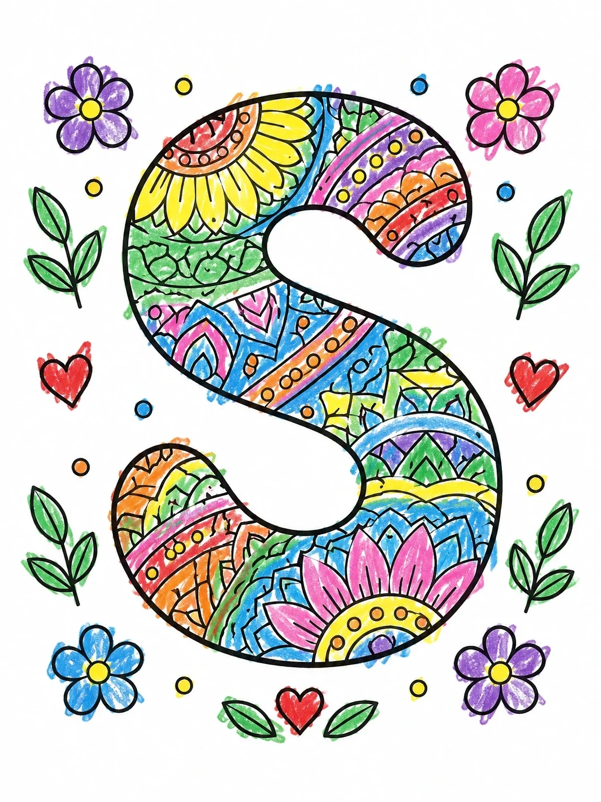 Colored example of the Mandala Pattern Letter S coloring page