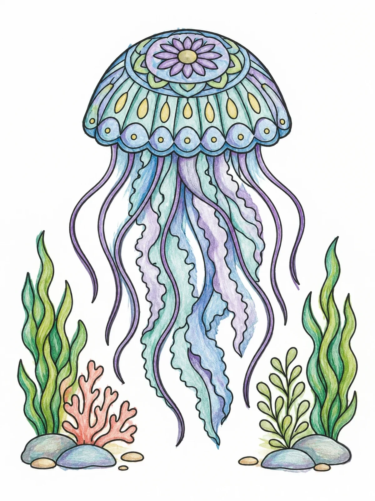 Colored example of the Mandala Patterned Jellyfish Under The Sea coloring page