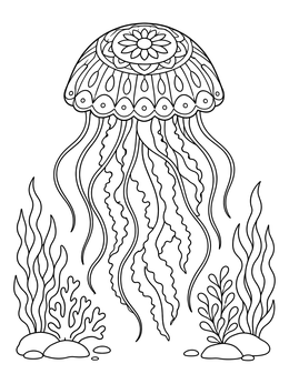 An ornate jellyfish coloring page featuring mandala patterns floating above ocean seaweed and coral.