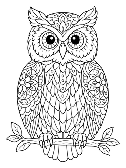 An ornate owl coloring page with decorative mandala patterns perched on a leafy tree branch.