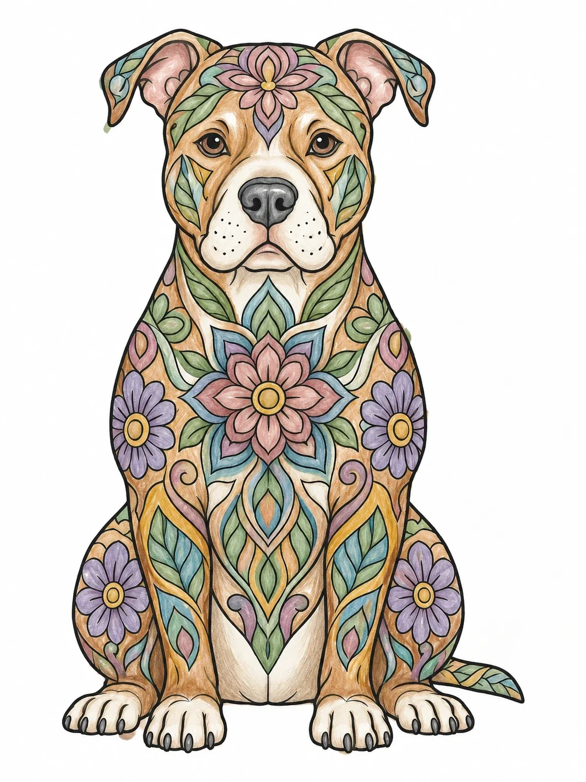 Colored example of the Mandala Patterned Pitbull Dog coloring page