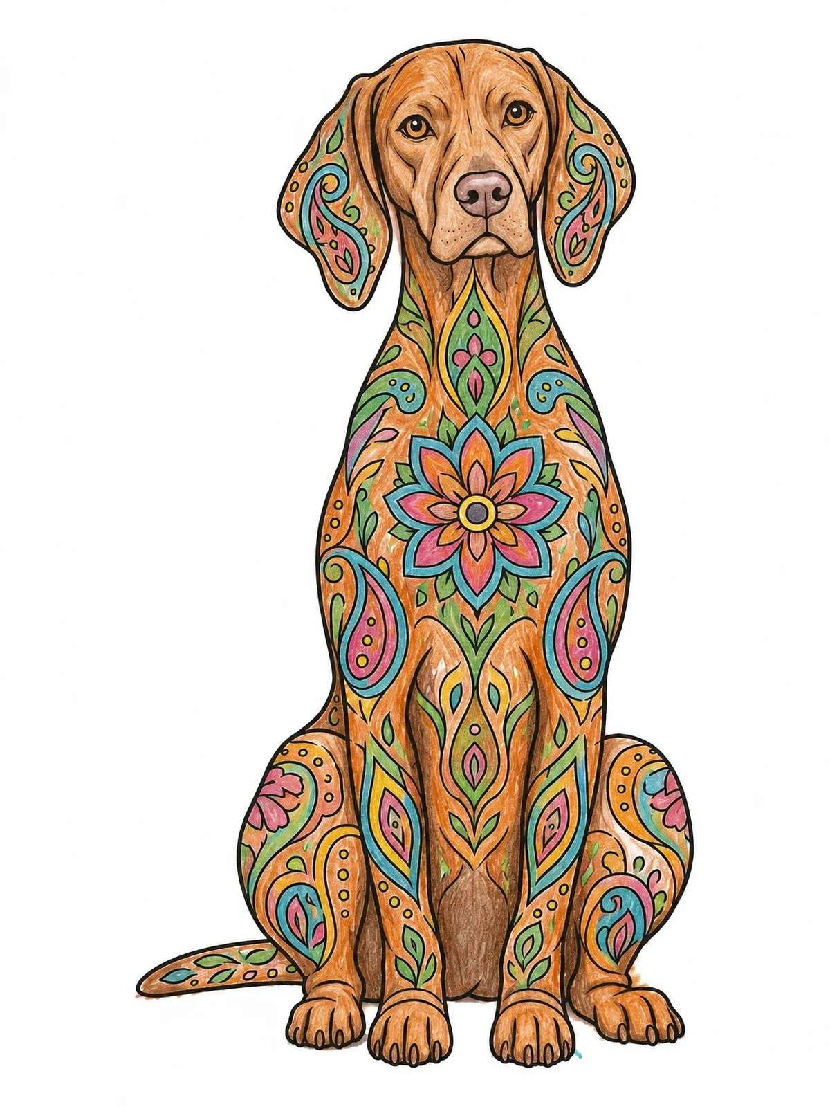 Colored example of the Mandala Patterned Vizsla Dog coloring page