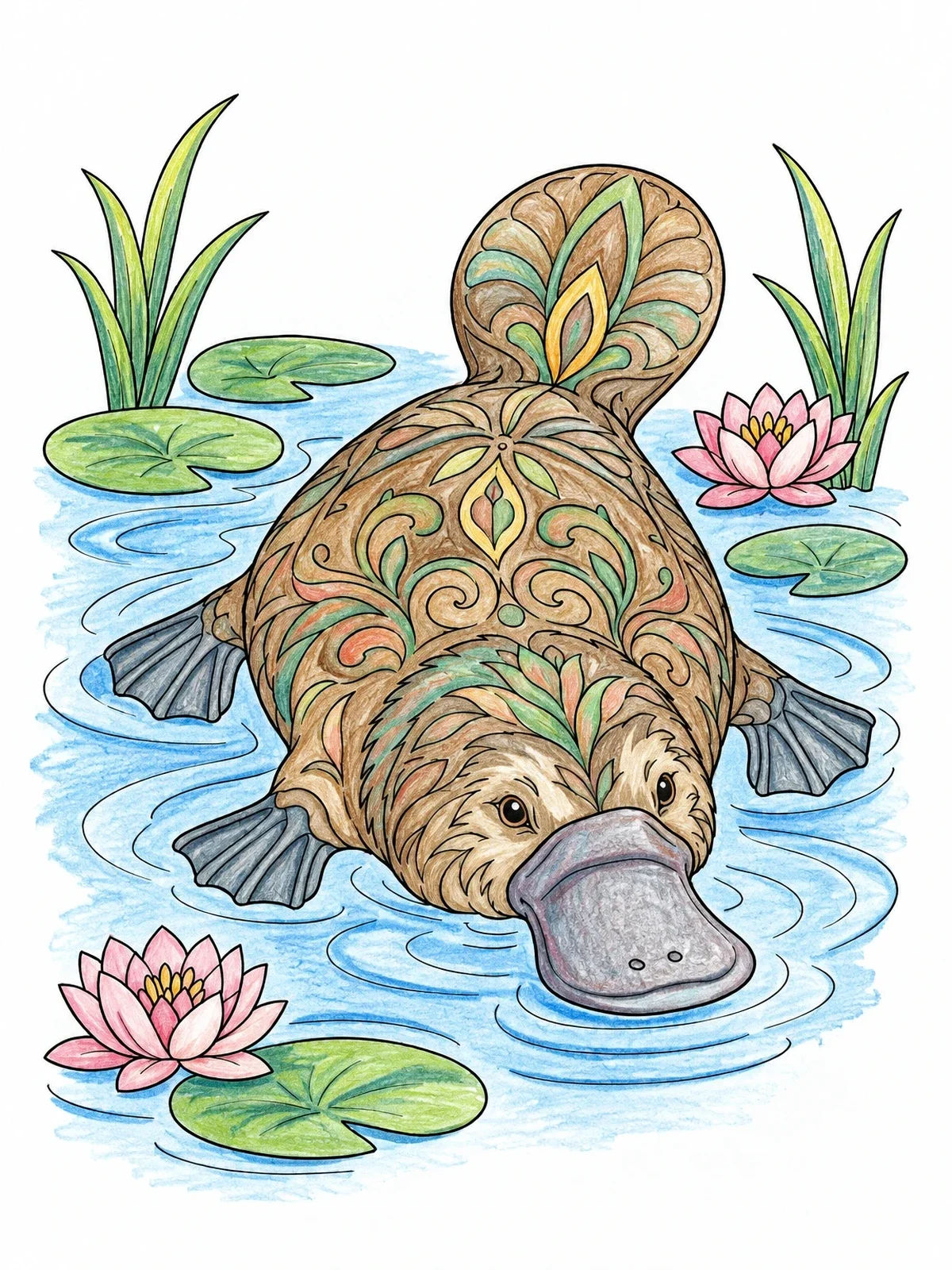 Colored example of the Intricate Mandala Platypus In Water coloring page