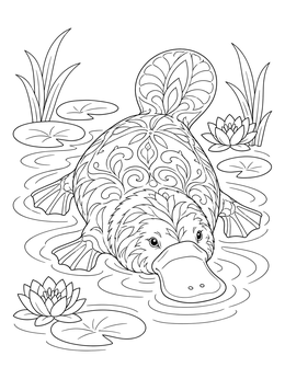An intricate platypus coloring page swimming among lily pads and water lilies.