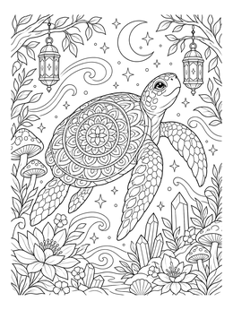An ornate sea turtle coloring page surrounded by glowing lanterns, crystals, and flowers under a crescent moon.