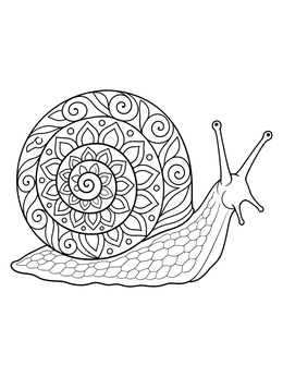 An ornate snail coloring page showing intricate mandala patterns across the spiral shell.