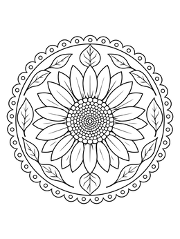 Detailed sunflower coloring page arranged as a round mandala with a scalloped border.