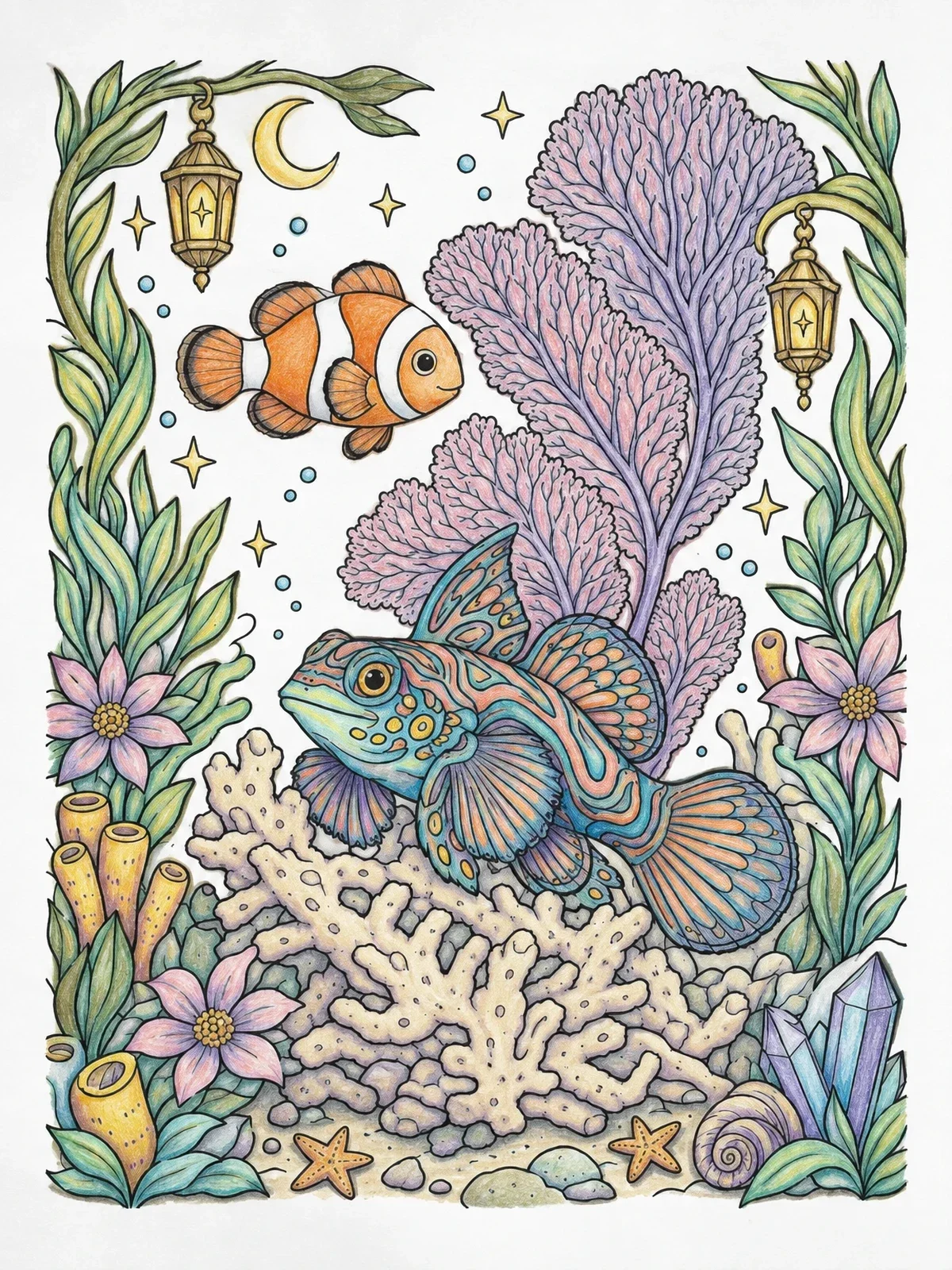Colored example of the Mandarin Dragonet And Clownfish On Coral coloring page