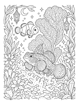 Free printable Mandarin Dragonet And Clownfish On Coral coloring page