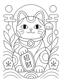 Lucky Maneki-neko cat figurine in this detailed japan coloring page.