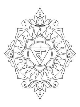 An ornate solar plexus chakra coloring page with lotus petals and flames.