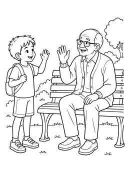 A young boy greets an elderly man on a bench in this manners coloring page.