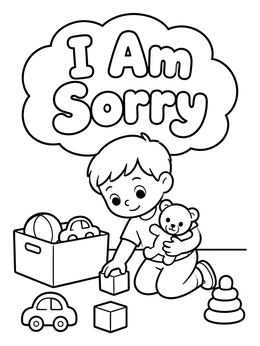 A boy tidies his toys on this manners coloring page with the words I Am Sorry.
