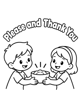 Free printable Children Sharing A Food Bowl Politely coloring page