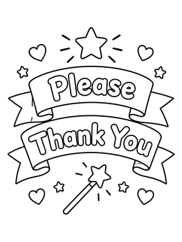 A magic words banners manners coloring page with stars and hearts.
