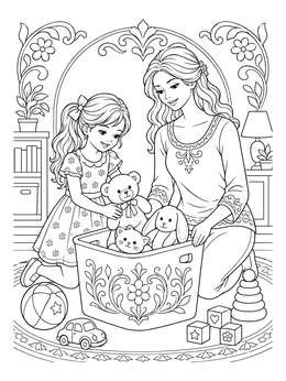 A mother and daughter put stuffed animals away in this manners coloring page.