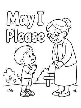 A cheerful manners coloring page showing a little boy politely speaking with an elderly woman.