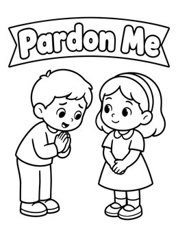 A polite boy apologizes to a smiling girl in this manners coloring page.
