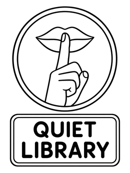 A manners coloring page featuring a quiet library sign with a finger to lips.