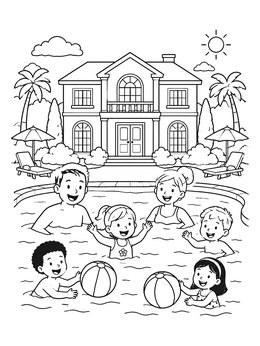 Free printable Family Swimming Pool Mansion Fun coloring page