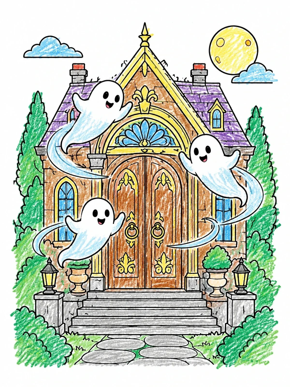 Colored example of the Friendly Ghosts At The Manor Door coloring page