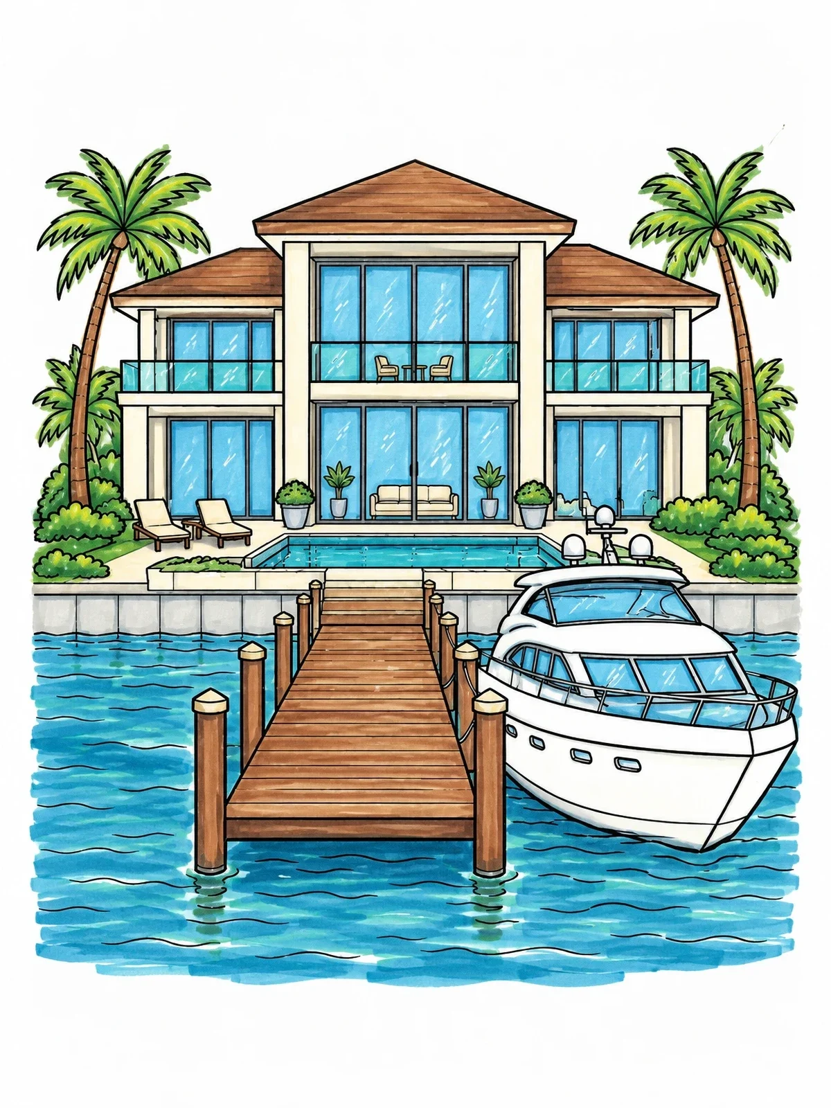 Colored example of the Luxury Waterfront Villa With Yacht coloring page