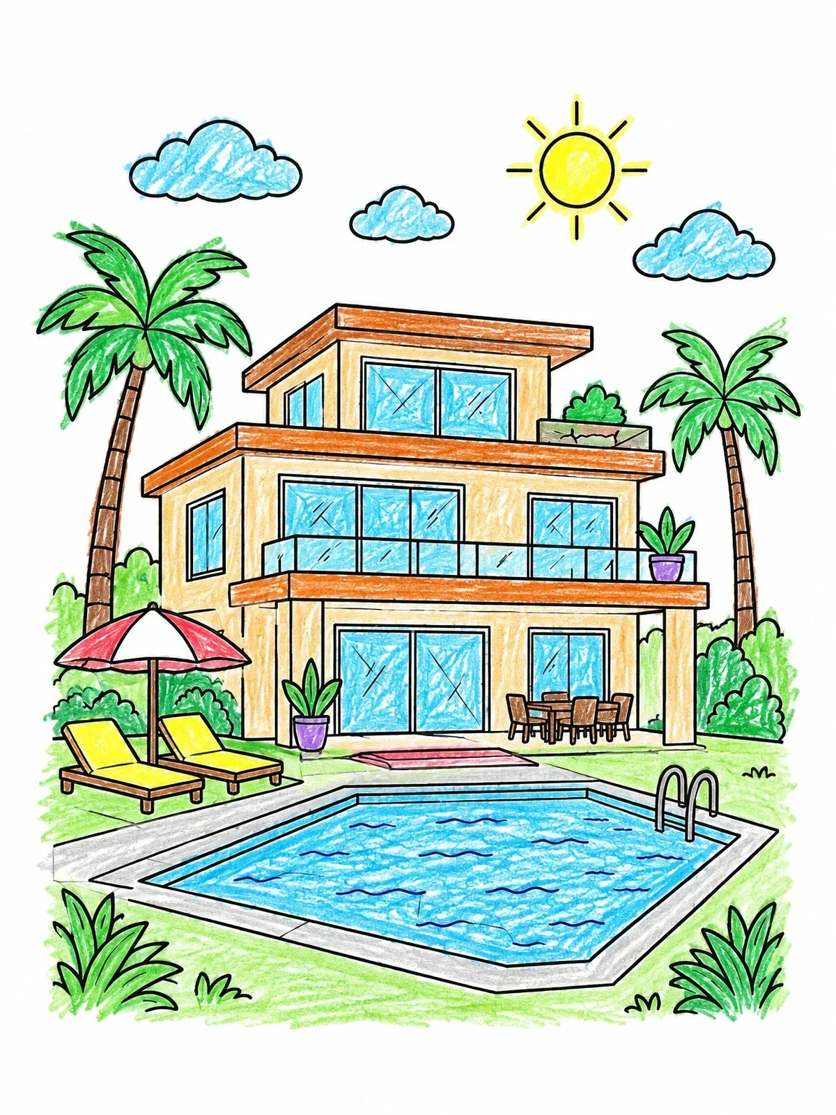 Colored example of the Modern Villa With Swimming Pool coloring page