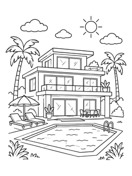 Free printable Modern Villa With Swimming Pool coloring page