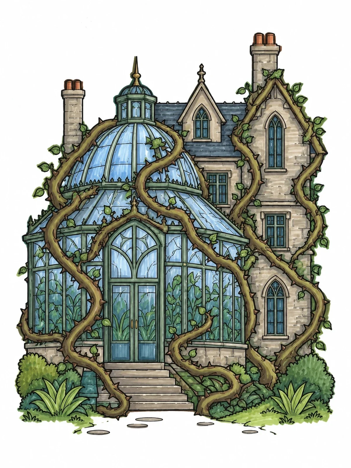 Colored example of the Overgrown Manor Conservatory coloring page