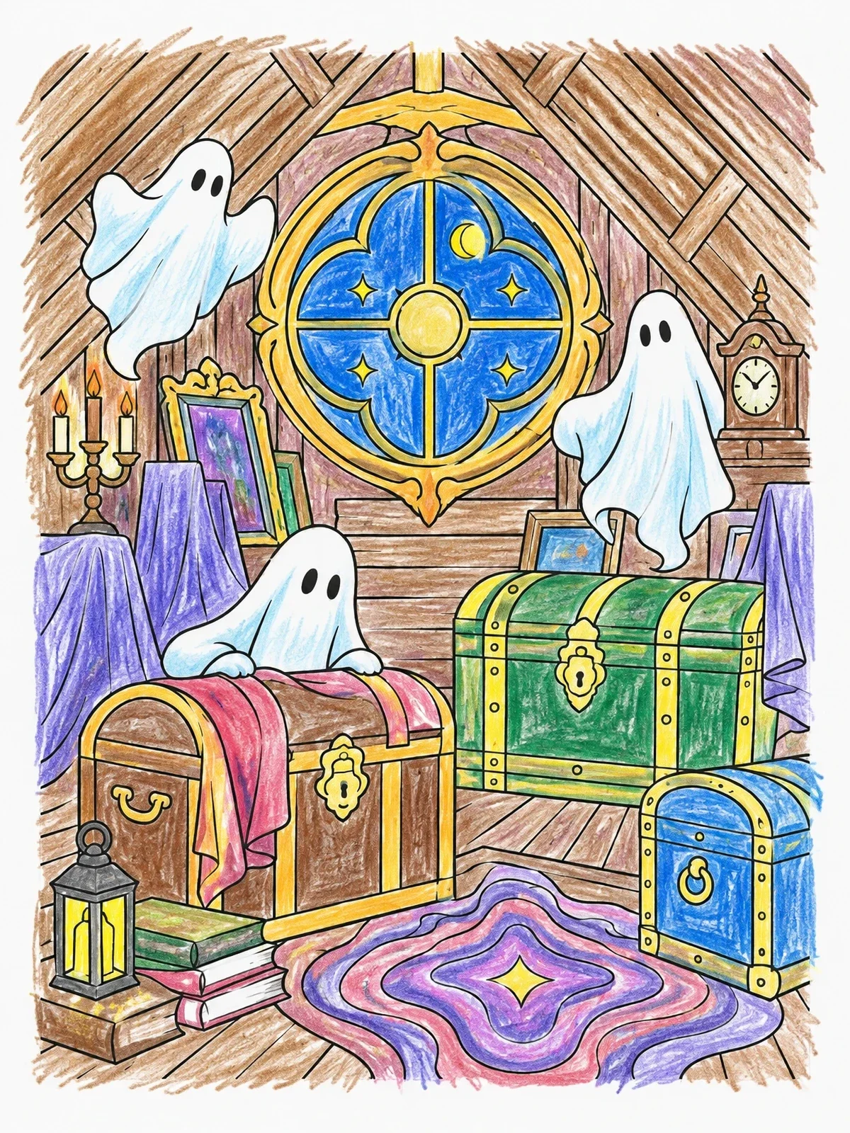 Colored example of the Playful Ghosts In The Manor Attic coloring page