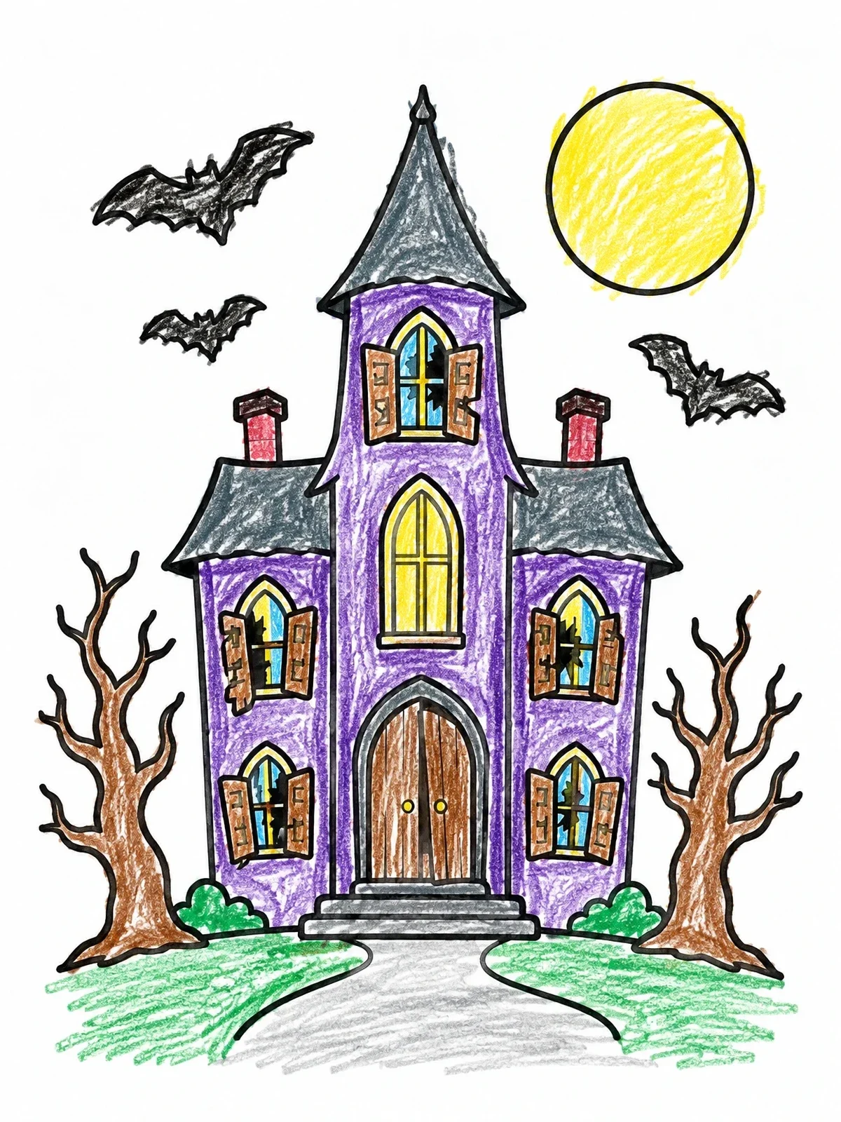 Colored example of the Spooky Gothic Manor With Bats coloring page