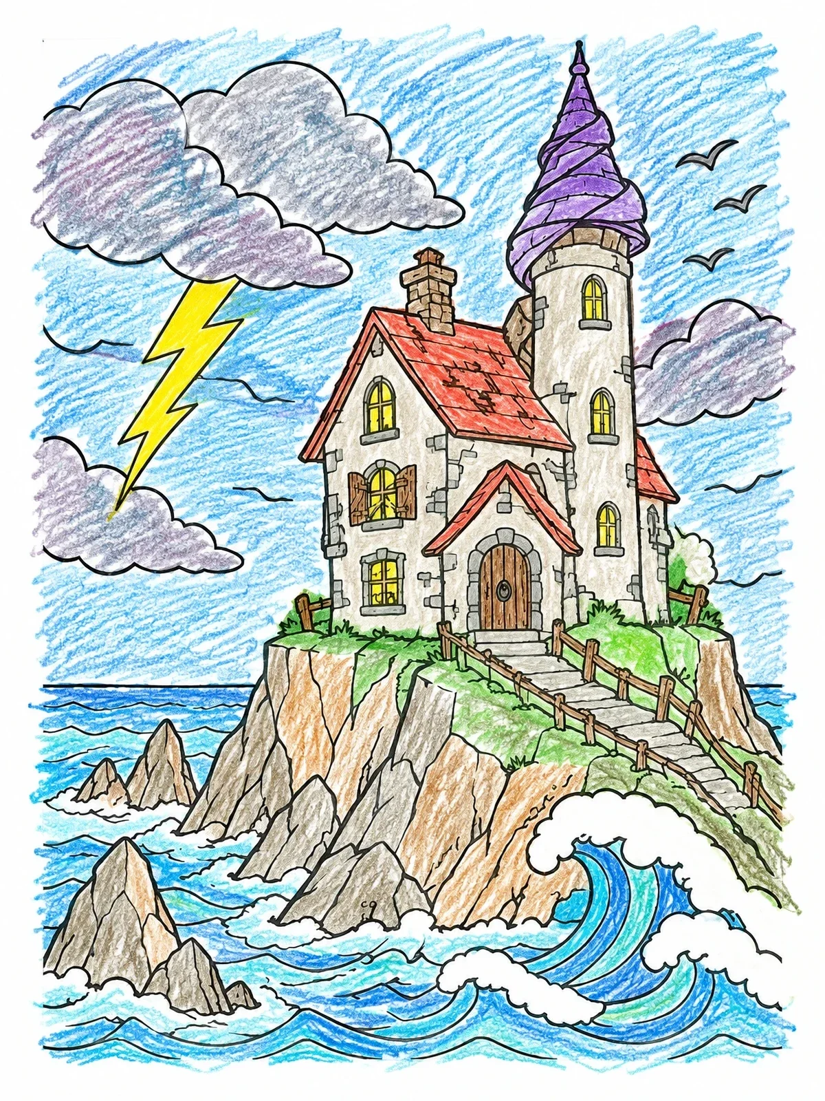 Colored example of the Stormy Cliffside Manor By The Sea coloring page