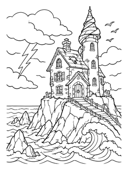 Free printable Stormy Cliffside Manor By The Sea coloring page
