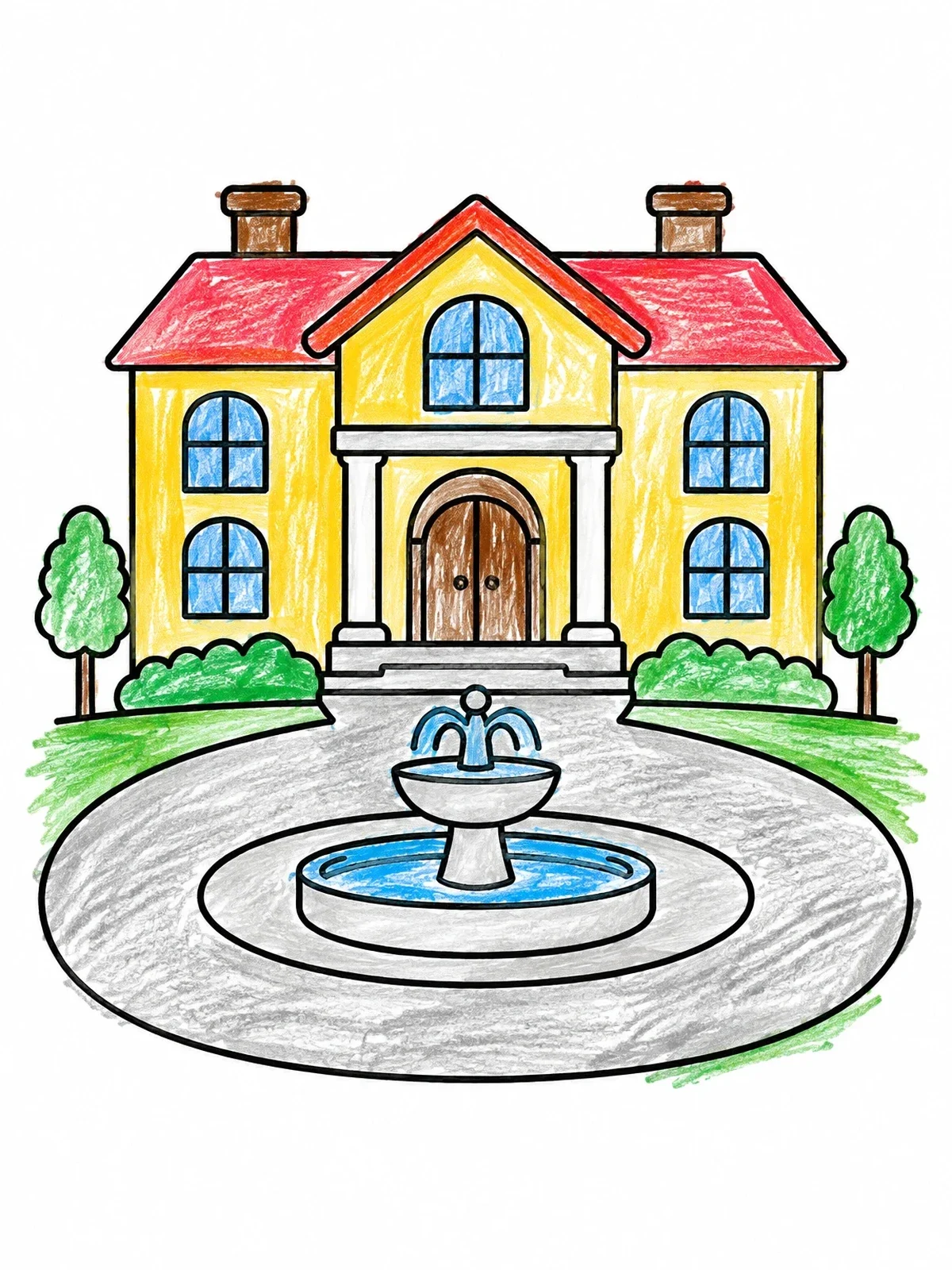 Colored example of the Grand Mansion With Water Fountain coloring page