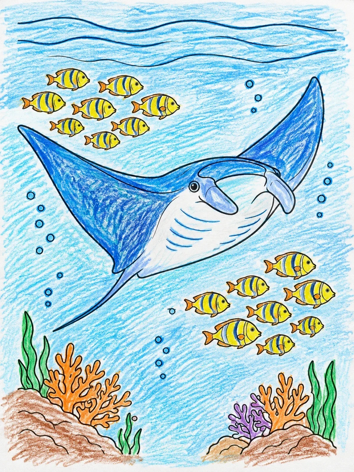 Colored example of the Gliding Manta Ray And Tropical Fish coloring page