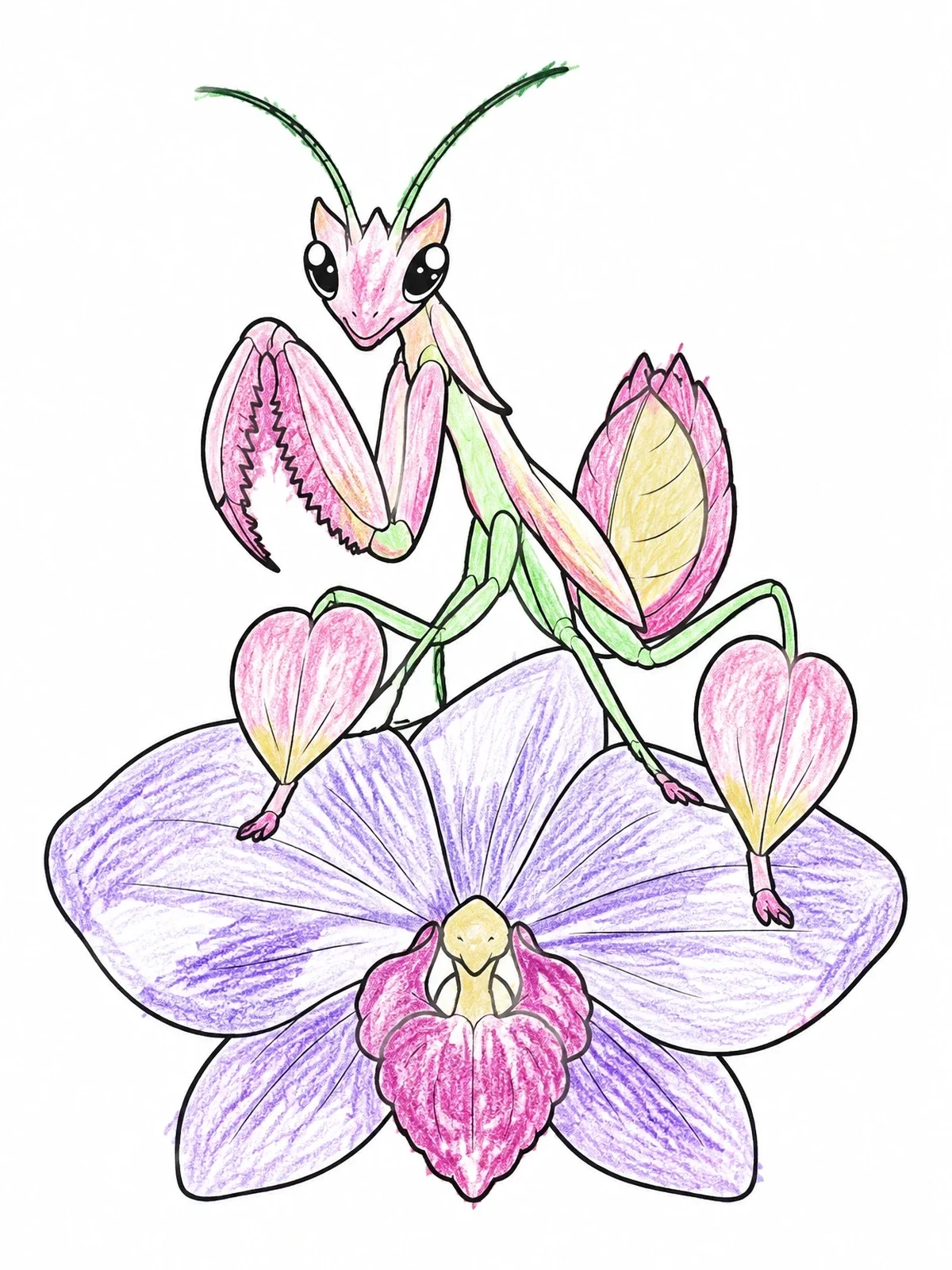 Colored example of the Cute Orchid Mantis On Bloom coloring page