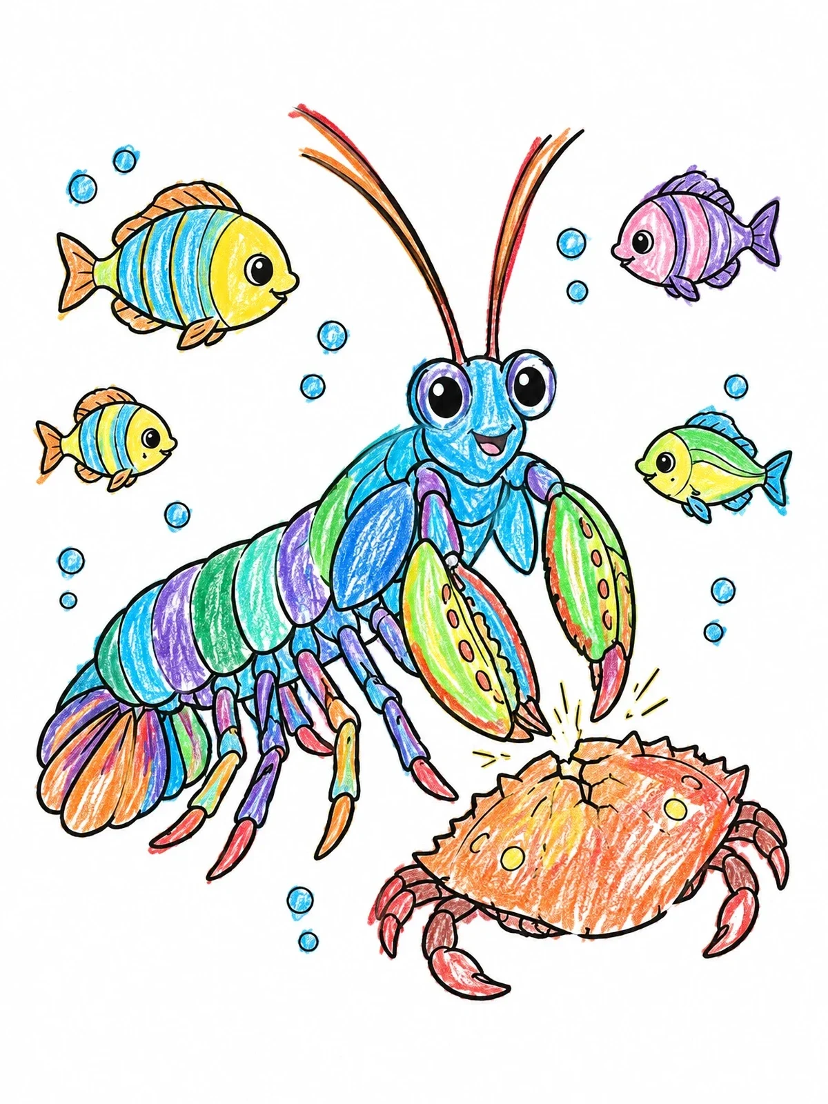 Colored example of the Cheerful Mantis Shrimp And Crab coloring page