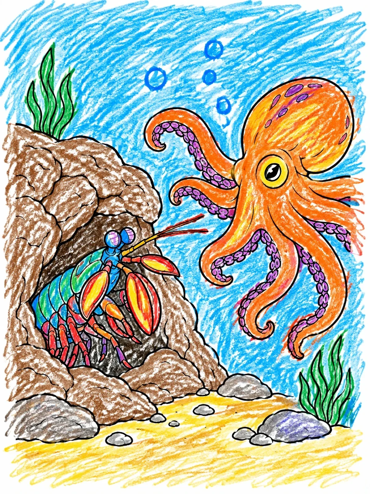 Colored example of the Mantis Shrimp Facing Octopus Underwater coloring page